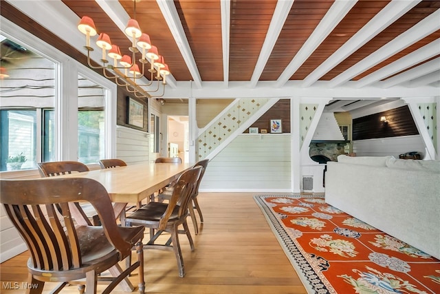 dining room with beamed ceiling, light wood-style flooring, and wood walls
