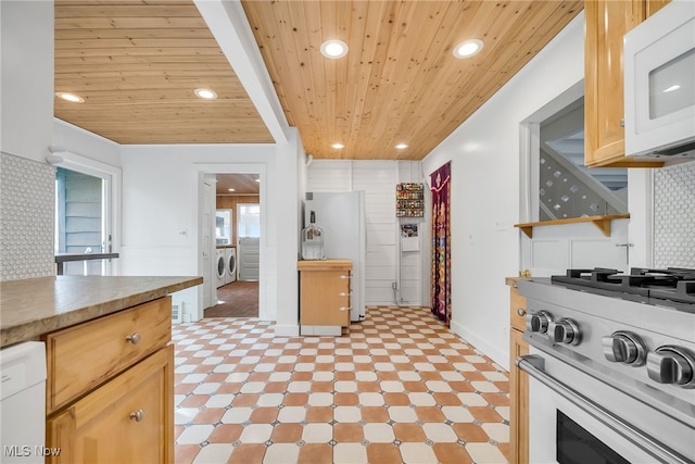 kitchen with white appliances, wood ceiling, light floors, recessed lighting, and baseboards