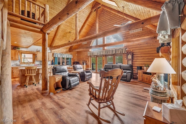 living area featuring wooden ceiling, beamed ceiling, high vaulted ceiling, light wood-style flooring, and log walls