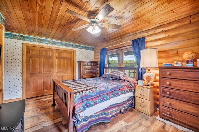 bedroom featuring wallpapered walls, light wood-type flooring, wood ceiling, log walls, and ceiling fan