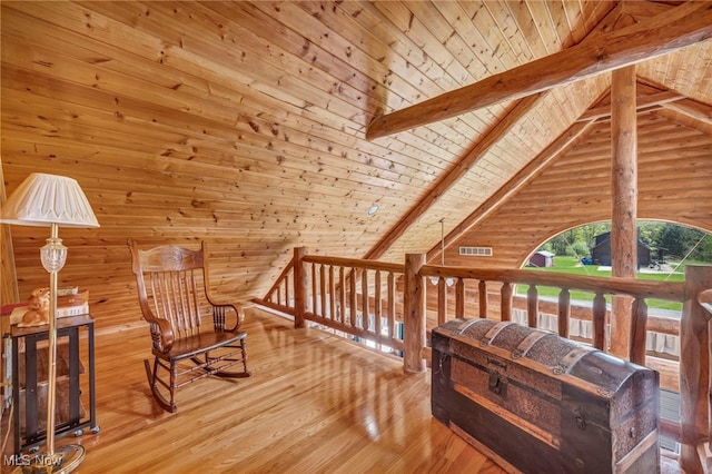 living area featuring wood ceiling, wood-type flooring, and wooden walls