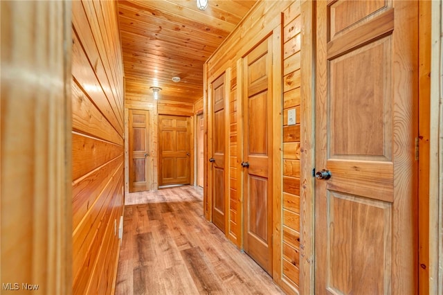 corridor with wood walls, wood ceiling, and light wood finished floors