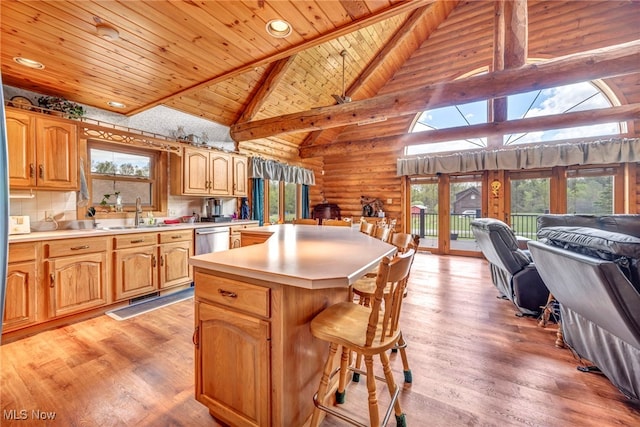 kitchen with wooden ceiling, open floor plan, a sink, light countertops, and a kitchen island