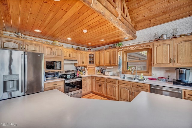 15180 Stoltz Rd, Diamond, OH 44412 - kitchen featuring appliances with stainless steel finishes, wooden ceiling, light countertops, glass insert cabinets, and recessed lighting