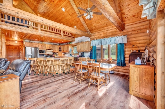 dining area featuring wooden ceiling, ceiling fan, beamed ceiling, light wood finished floors, and rustic walls
