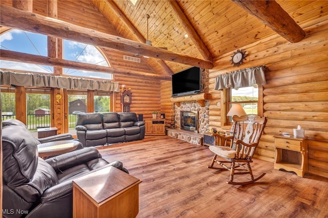 living area with log walls, wooden ceiling, beam ceiling, plenty of natural light, and wood finished floors