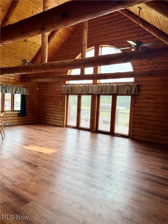15180 Stoltz Rd, Diamond, OH 44412 - unfurnished living room with ceiling fan, a wooden ceiling with exposed beams, high vaulted ceiling, and wood finished floors
