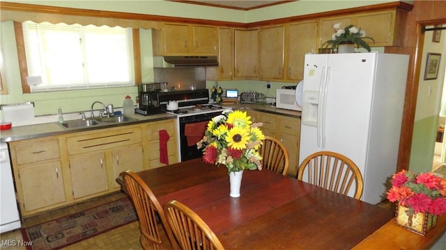 7517 Veterans Blvd, Chester, WV 26034 - kitchen featuring white appliances, a sink, and under cabinet range hood