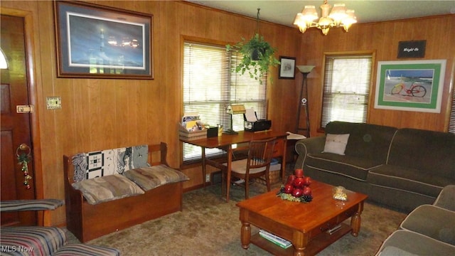 7517 Veterans Blvd, Chester, WV 26034 - carpeted living room featuring a chandelier and wooden walls