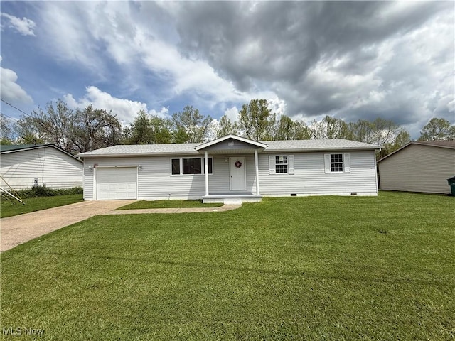 32 Ash Cir, Davisville, WV 26142 - ranch-style home with driveway, a garage, a front lawn, and crawl space