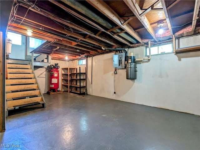316 S Inglewood Ave, Austintown, OH 44515 - basement featuring stairs, electric panel, healthy amount of natural light, and a central vacuum unit
