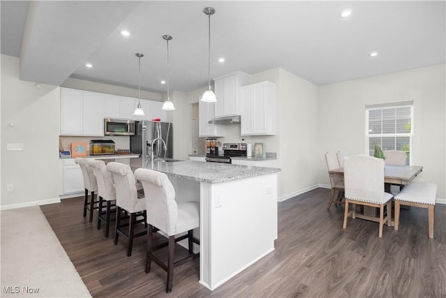 9087 Nash Ln, North Ridgeville, OH 44039 - kitchen with appliances with stainless steel finishes, under cabinet range hood, dark wood-style floors, baseboards, and recessed lighting
