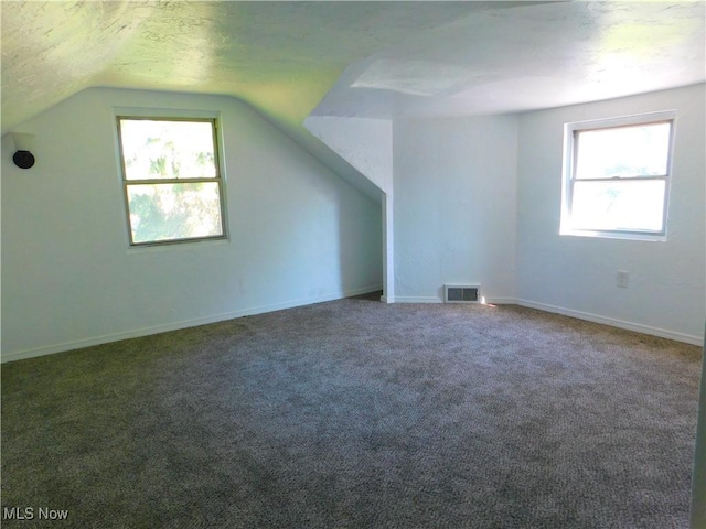 bonus room with vaulted ceiling, carpet floors, baseboards, and a textured ceiling