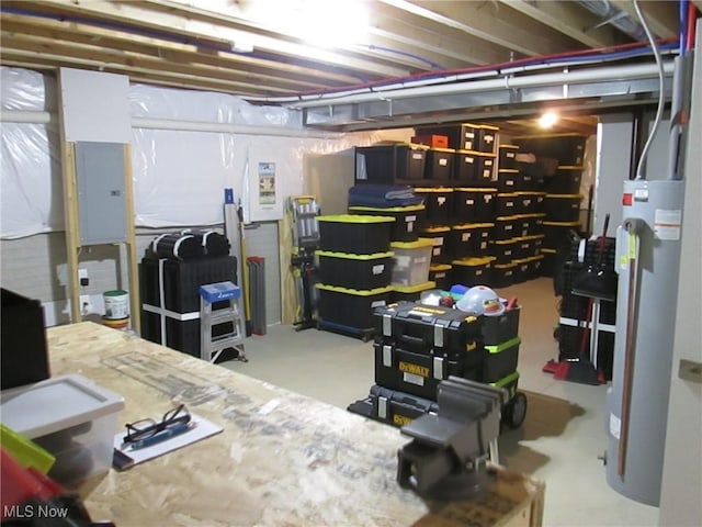 unfinished below grade area featuring water heater and electric panel