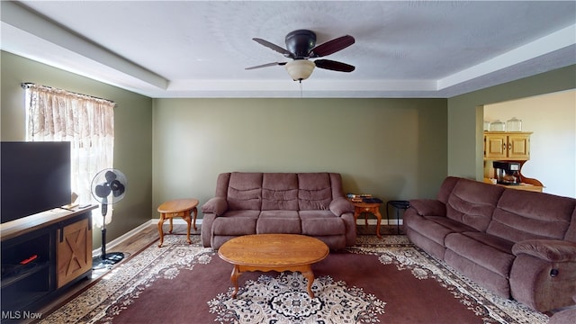 333 Mulberry St, Barnesville, OH 43713 - living area featuring baseboards, a tray ceiling, ceiling fan, and wood finished floors