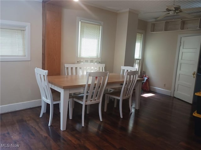 636 4th St, Marietta, OH 45750 - dining space with a ceiling fan, crown molding, wood finished floors, baseboards, and plenty of natural light