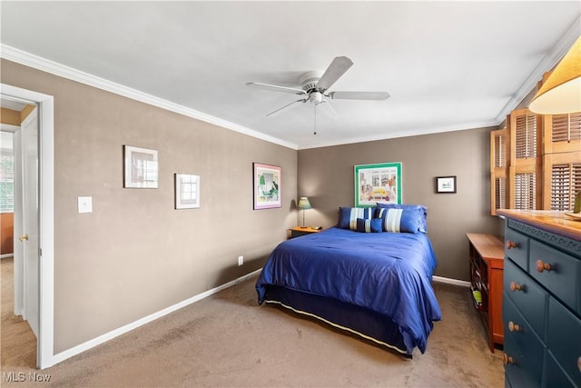 19901 Van Aken Blvd Unit 7, Shaker Heights, OH 44122 - bedroom featuring baseboards, light carpet, ornamental molding, and ceiling fan