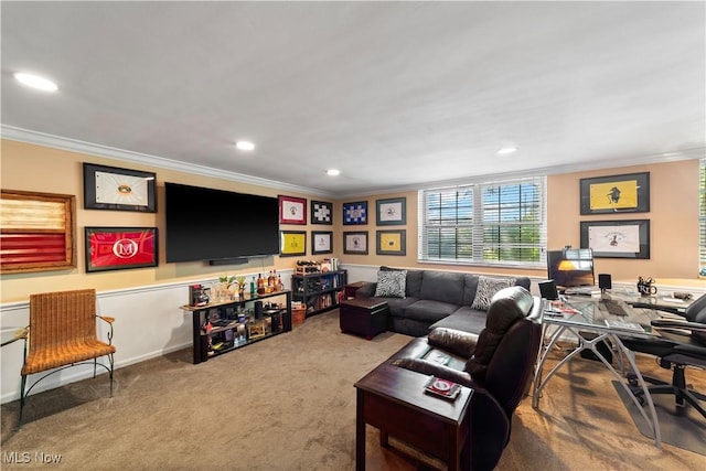 19901 Van Aken Blvd Unit 7, Shaker Heights, OH 44122 - carpeted living room with ornamental molding, recessed lighting, and a desk