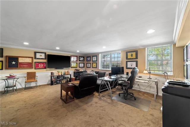 19901 Van Aken Blvd Unit 7, Shaker Heights, OH 44122 - home office featuring ornamental molding, carpet floors, recessed lighting, and baseboards