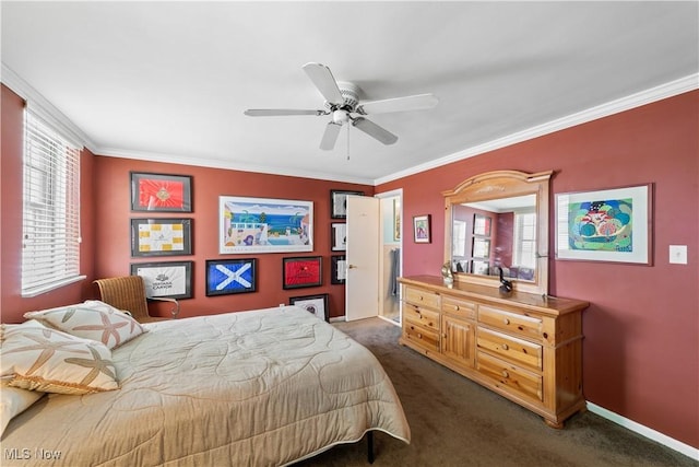19901 Van Aken Blvd Unit 7, Shaker Heights, OH 44122 - bedroom with dark colored carpet, crown molding, baseboards, and a ceiling fan
