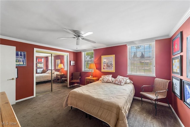 19901 Van Aken Blvd Unit 7, Shaker Heights, OH 44122 - carpeted bedroom with crown molding, baseboards, a closet, and ceiling fan