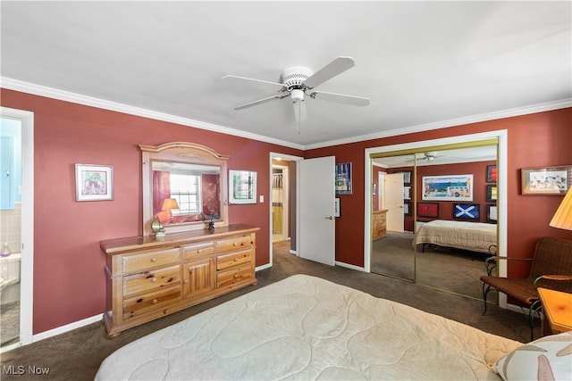 19901 Van Aken Blvd Unit 7, Shaker Heights, OH 44122 - carpeted bedroom featuring a closet, ornamental molding, baseboards, a ceiling fan, and ensuite bath