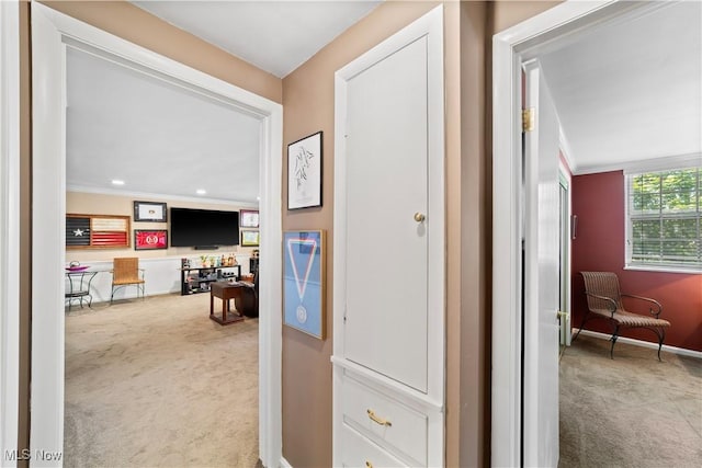 19901 Van Aken Blvd Unit 7, Shaker Heights, OH 44122 - hall with carpet, baseboards, ornamental molding, and recessed lighting
