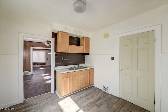 kitchen with a sink, light countertops, wood finished floors, a ceiling fan, and tasteful backsplash