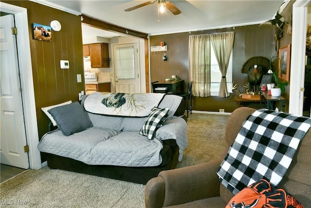 3122 Mccleary Jacoby Rd, Cortland, OH 44410 - living area with carpet, ceiling fan, wooden walls, and baseboards