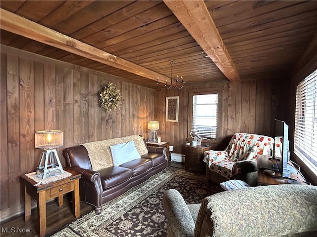 385 Truax Ln, Weirton, WV 26062 - living room with wooden ceiling, wood walls, beam ceiling, and baseboard heating