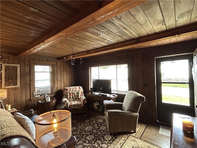 385 Truax Ln, Weirton, WV 26062 - living area featuring wooden ceiling, wood walls, beamed ceiling, and wood finished floors