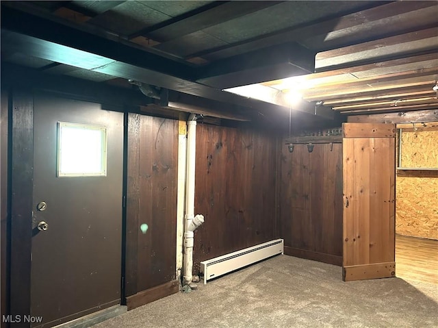 385 Truax Ln, Weirton, WV 26062 - basement with a baseboard radiator, carpet, and wood walls