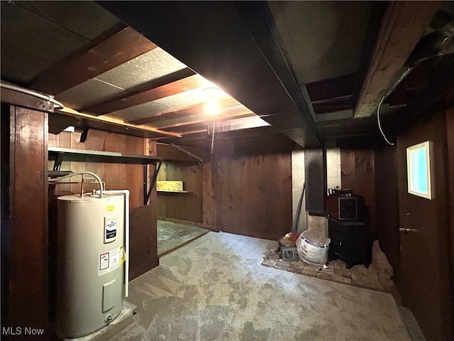 385 Truax Ln, Weirton, WV 26062 - unfinished basement with electric water heater, carpet floors, and wood walls