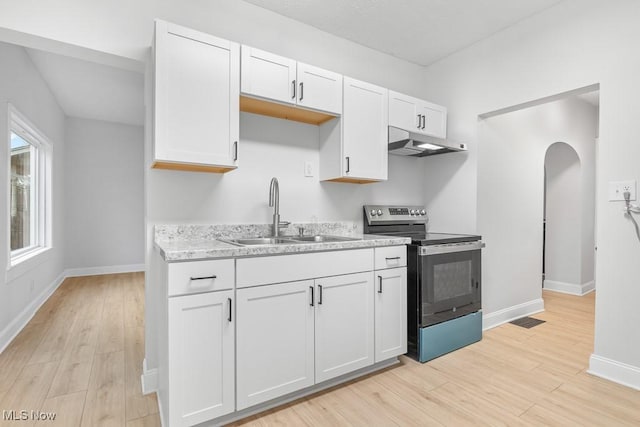 38 W Washington St, Alliance, OH 44601 - kitchen featuring stainless steel electric range oven, a sink, under cabinet range hood, and light wood-style floors