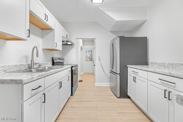 38 W Washington St, Alliance, OH 44601 - kitchen featuring stainless steel appliances, a sink, under cabinet range hood, light wood finished floors, and white cabinetry