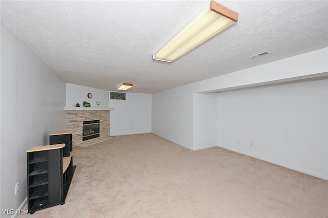4212 Castle Rdg, Copley, OH 44321 - unfurnished living room with light carpet, a fireplace, a textured ceiling, and baseboards