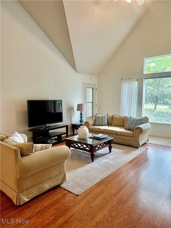 4212 Castle Rdg, Copley, OH 44321 - living room with high vaulted ceiling, wood finished floors, and a ceiling fan