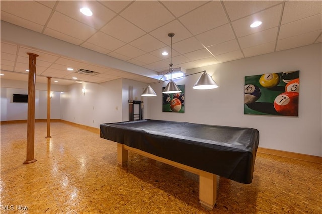 6240 Tim Dr, Wadsworth, OH 44281 - rec room featuring baseboards, a drop ceiling, pool table, recessed lighting, and speckled floor