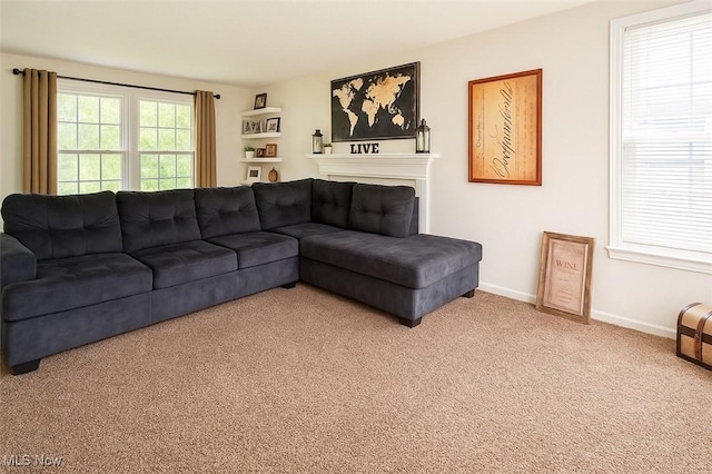 living area with carpet and baseboards