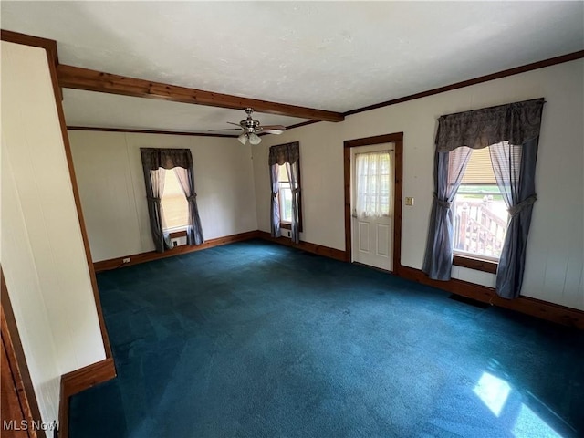 2640 W 19th St, Ashtabula, OH 44004 - empty room with carpet, baseboards, ceiling fan, and beamed ceiling