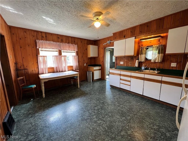 2640 W 19th St, Ashtabula, OH 44004 - kitchen featuring dark flooring, a sink, white cabinetry, wooden walls, and ceiling fan