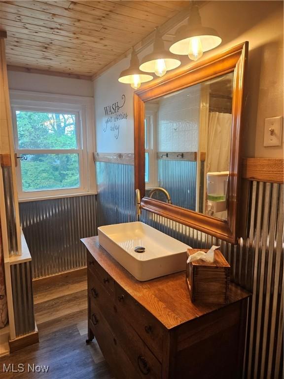 825 Summit St, Salem, OH 44460 - bathroom with wainscoting, wood finished floors, wooden ceiling, and vanity