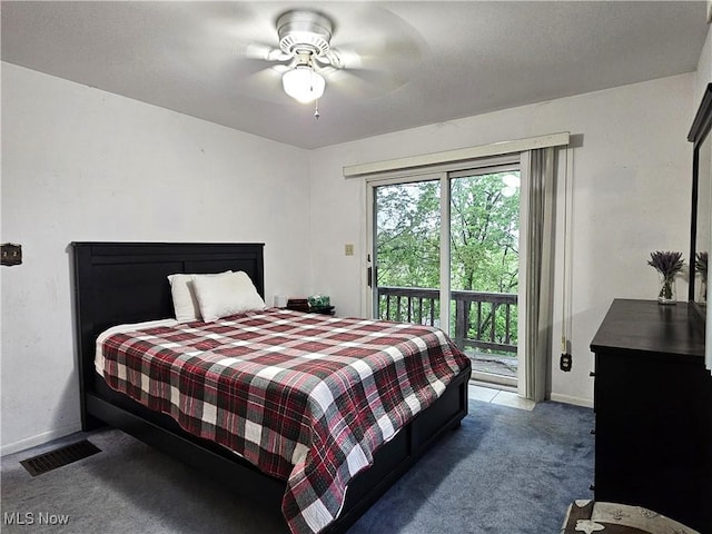 164 W High St, New Concord, OH 43762 - bedroom featuring carpet, access to exterior, baseboards, and ceiling fan