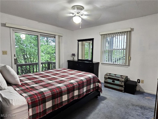 164 W High St, New Concord, OH 43762 - bedroom with access to exterior, carpet floors, and ceiling fan