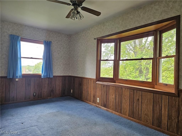 164 W High St, New Concord, OH 43762 - carpeted empty room with healthy amount of natural light, wainscoting, wooden walls, ceiling fan, and wallpapered walls
