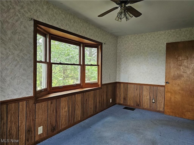 164 W High St, New Concord, OH 43762 - spare room with a wainscoted wall, healthy amount of natural light, wooden walls, ceiling fan, and wallpapered walls