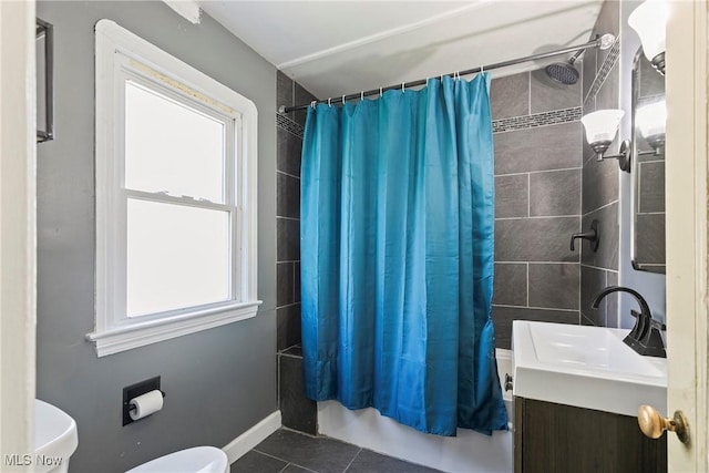 4414 W 171st St, Cleveland, OH 44135 - full bathroom with toilet, tile patterned flooring, shower / bath combination with curtain, vanity, and baseboards