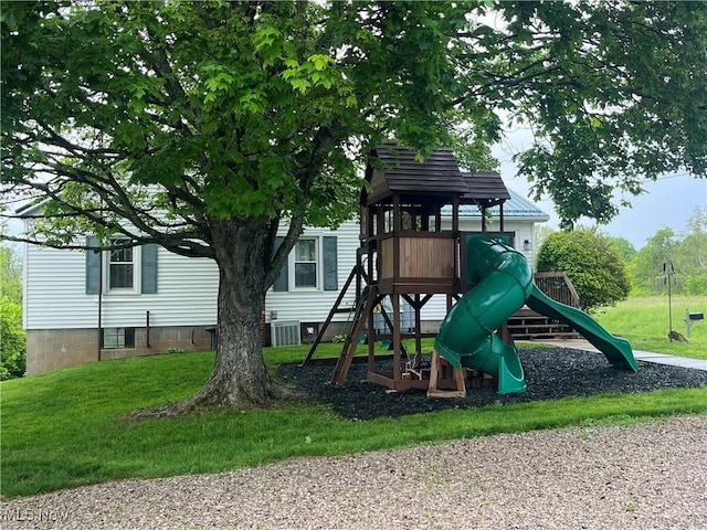 9355 Dozer Ridge Rd, Blue Rock, OH 43720 - view of play area featuring central air condition unit and a lawn