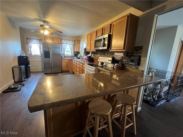 9355 Dozer Ridge Rd, Blue Rock, OH 43720 - kitchen with appliances with stainless steel finishes, a peninsula, ceiling fan, dark wood-style floors, and tasteful backsplash