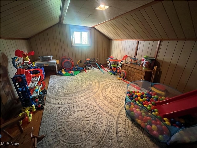 9355 Dozer Ridge Rd, Blue Rock, OH 43720 - game room featuring lofted ceiling and wooden walls